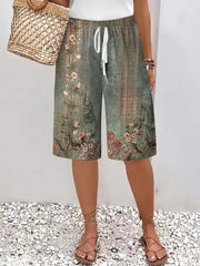 Green Vintage Floral Elastic Drawstring Waistband Casual Shorts