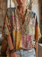 Vintage Floral Print V-neck Half Sleeve Loose Comfy Blouse
