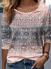 Pink Ethnic Floral Print Round Neck Long Sleeve Loose Blouse