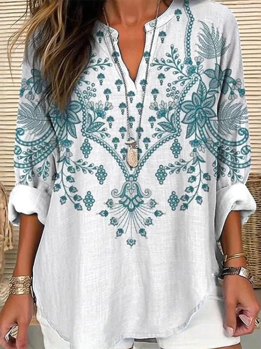 Vintage Floral Print V-neck Long Sleeve Casual Daily Blouse