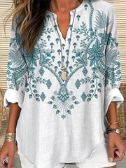 Vintage Floral Print V-neck Long Sleeve Casual Daily Blouse