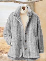 Solid Color Striped Thicken Pocket Loose Warm Jacket