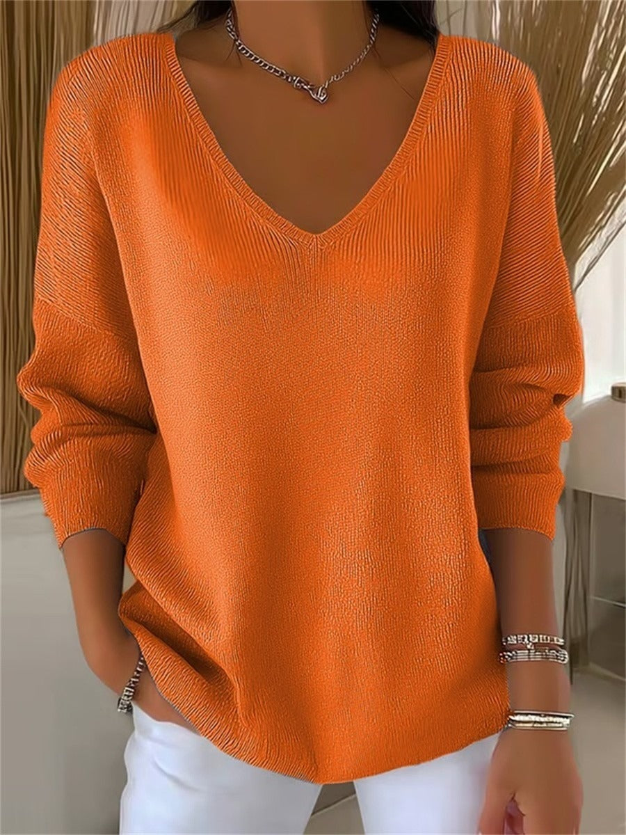 Casual Solid Color Striped V-neck Long Sleeve Tops