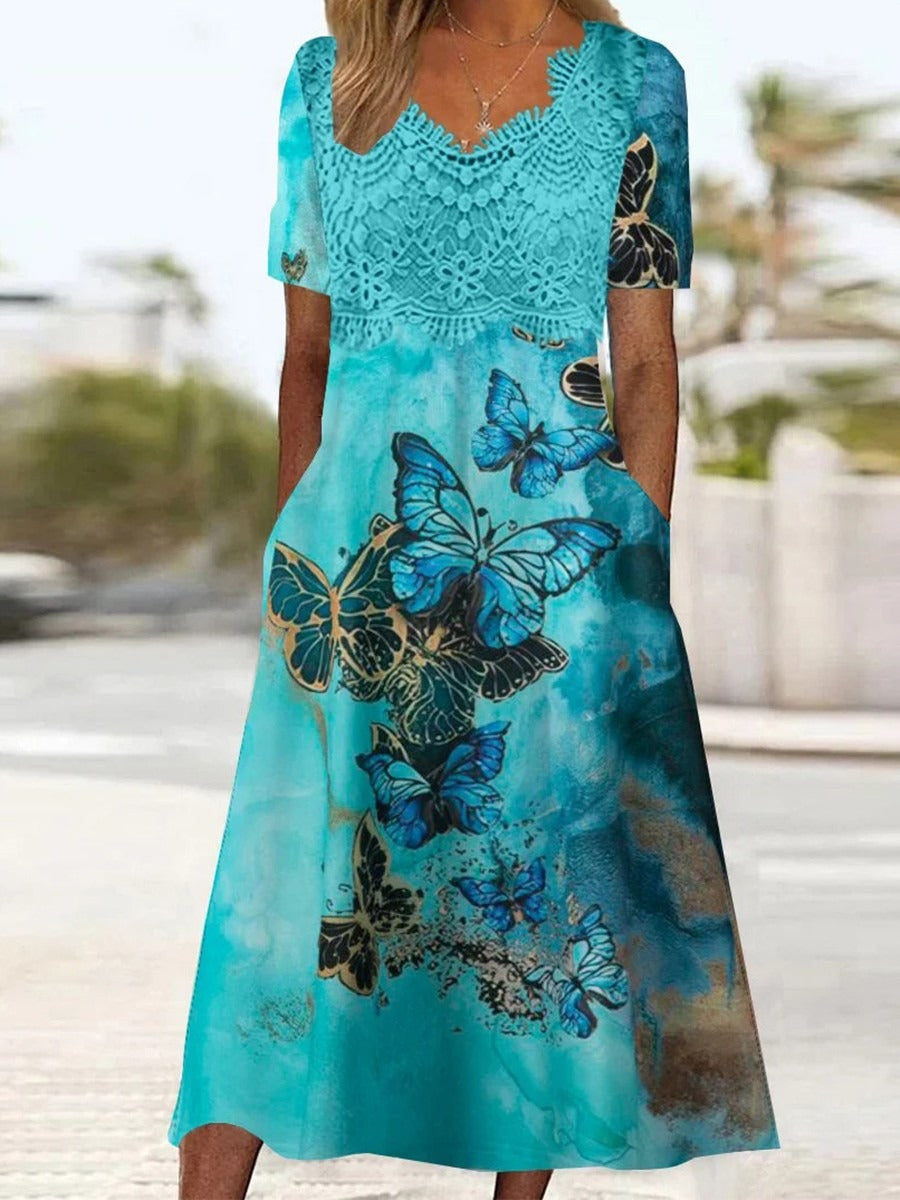 Vintage Lace V-neck Short Sleeve Midi Dress