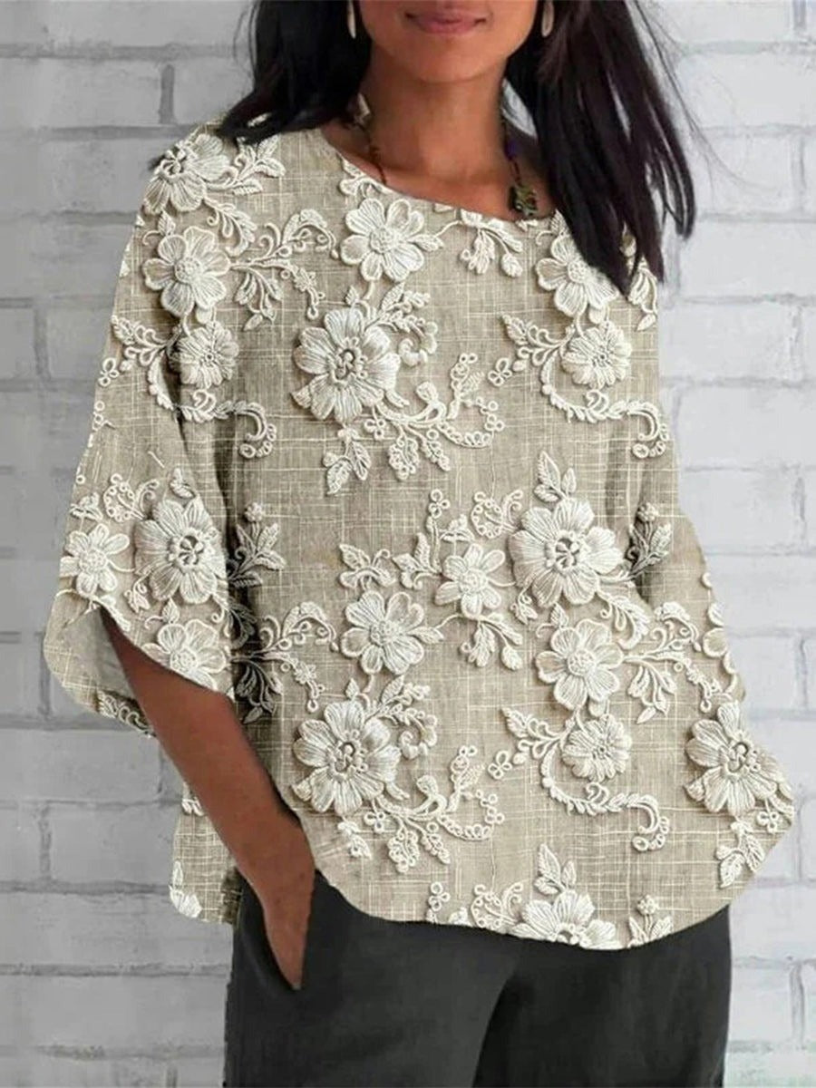 Solid Color Floral Print Round Neck Half Sleeve Loose Blouse
