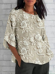 Solid Color Floral Print Round Neck Half Sleeve Loose Blouse