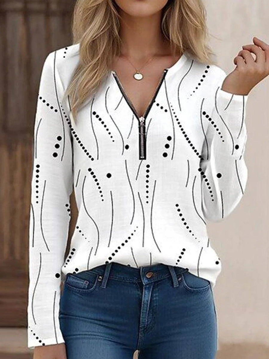 White Abstract Print Zipper V-Neck Long Sleeve Casual Blouse