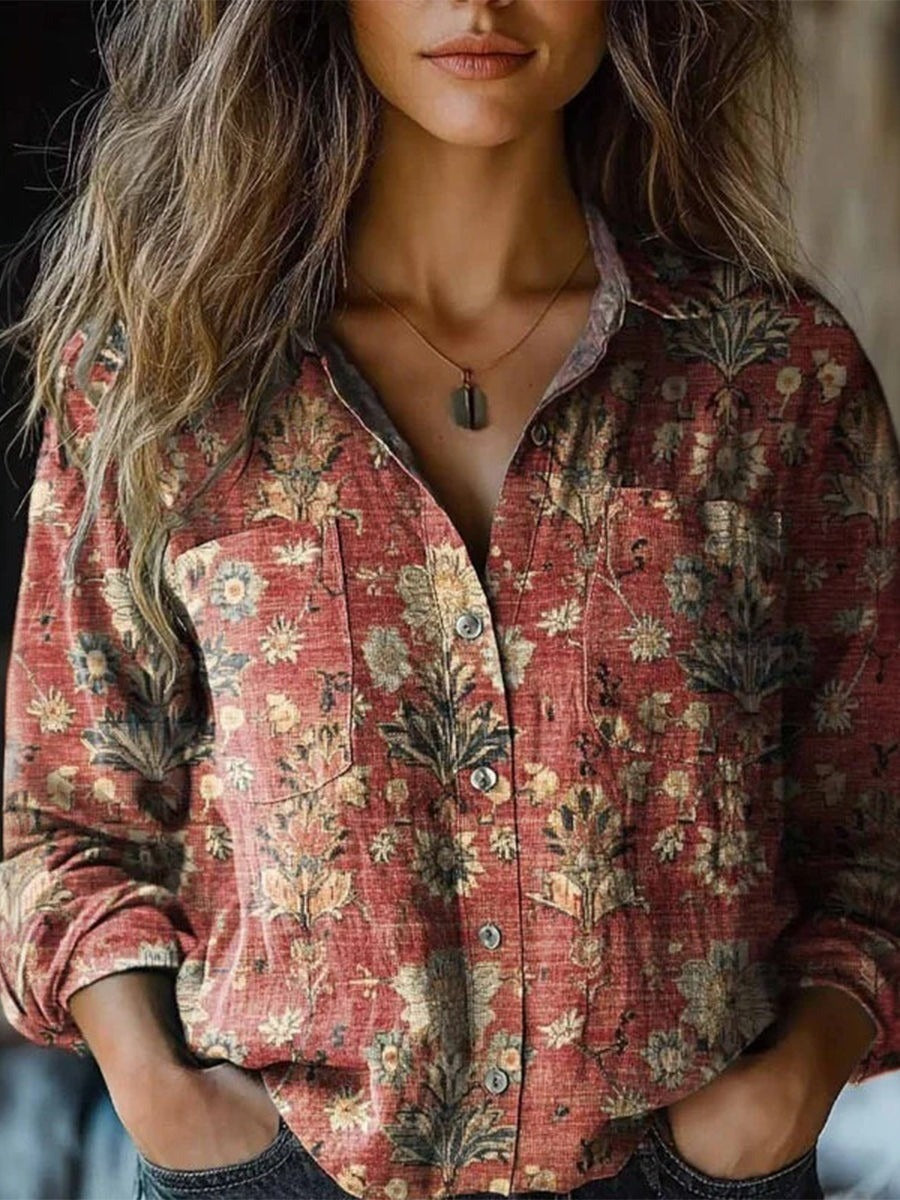 Vintage Floral Print Stand Collar Long Sleeve Loose Blouse