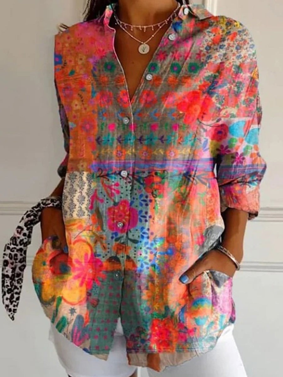 Abstract Floral Print Lapel Long Sleeve Casual Blouse Main image