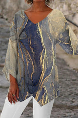 V Neck Marble Print Vintage Casual Long Sleeve Blouse