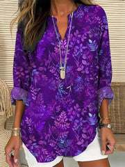 Vintage Leaf Print V-neck Long Sleeve Tops