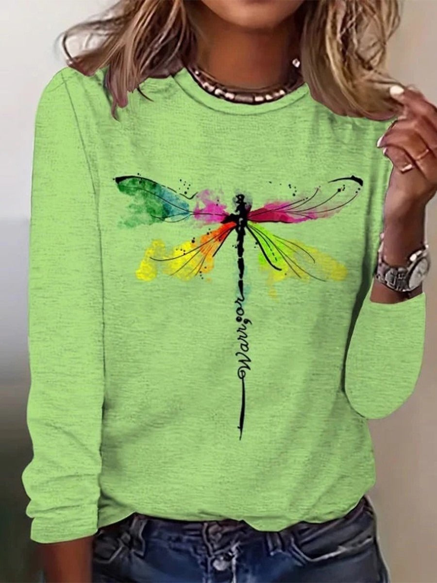 Green Dragonfly Print Round Neck Long Sleeve Loose T-Shirt
