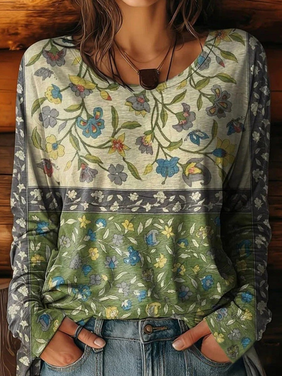 Vintage Floral Print Crew Neck Long Sleeve Comfy T-Shirt