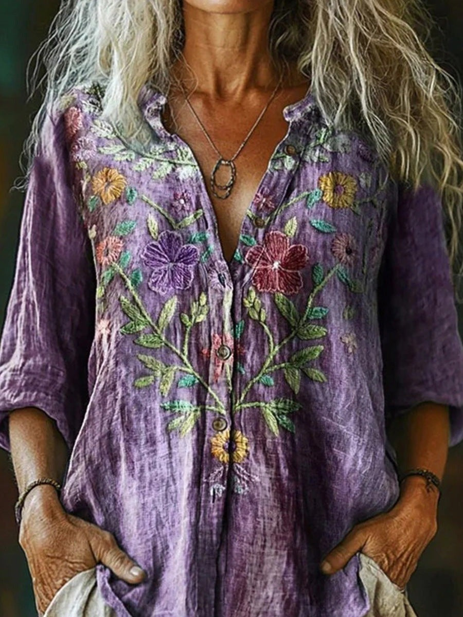 Purple Vintage Floral Print Lapel Long Sleeve Loose Blouse