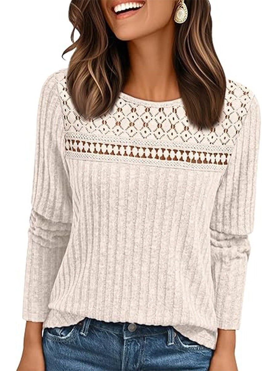 Elegant Plain Ribbed Knit Crew Neck Long Sleeve Sweater with Crochet Lace Yoke