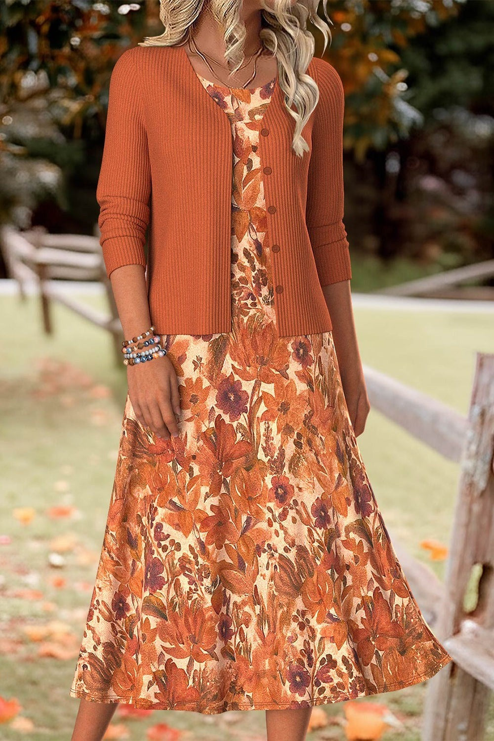 Elegant Orange Floral Print Midi Dress with Matching Long Sleeve Cardigan