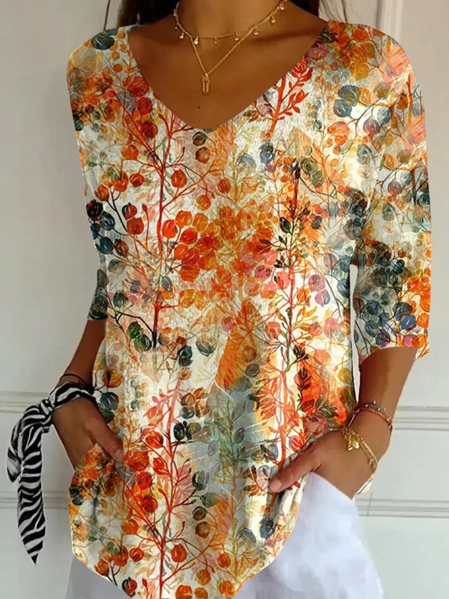 Stylish Autumn Floral Print V-Neck Long Sleeve Casual Loose Blouse