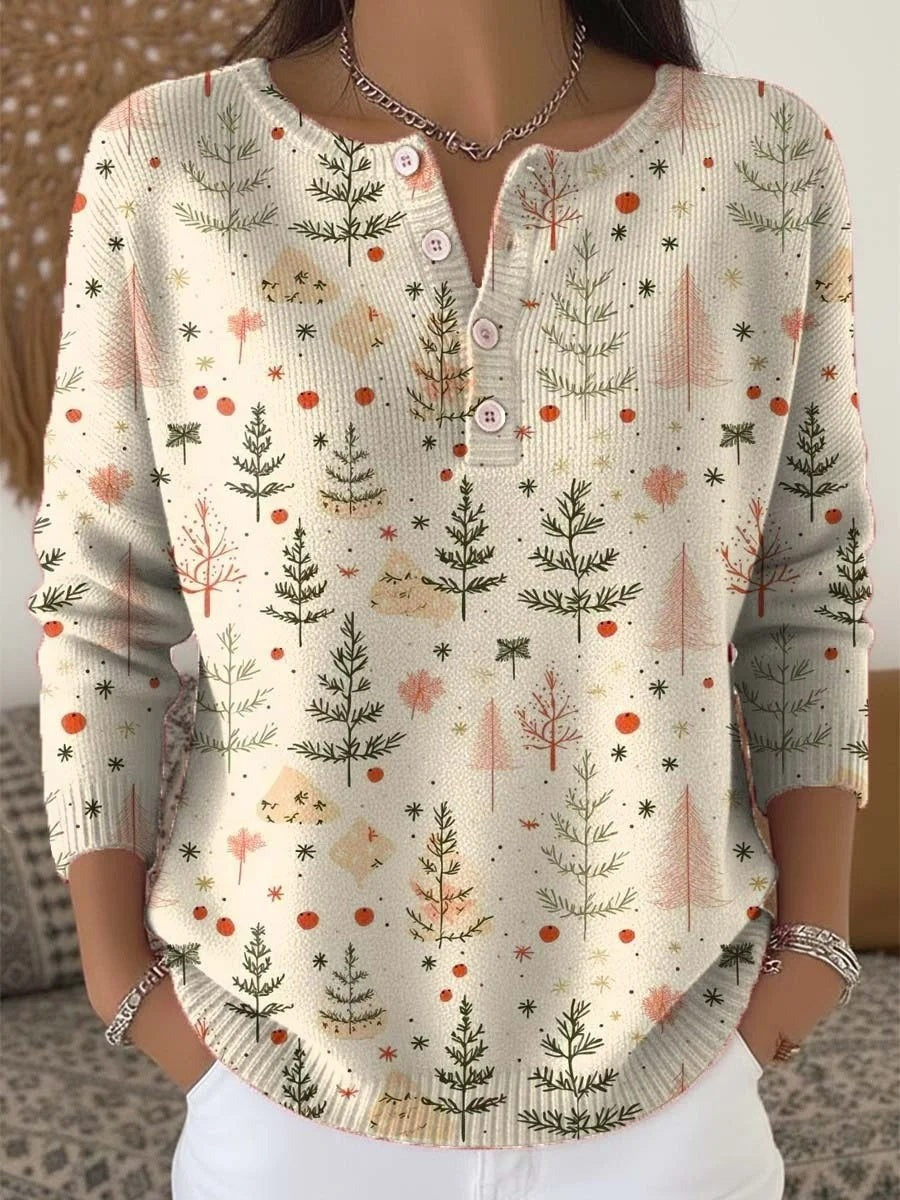 Chic Christmas Tree Print Round Neck Long Sleeve Buttoned Casual Sweater