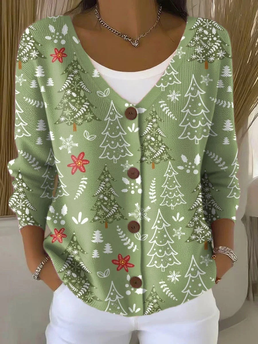 Christmas Tree Art Print Buttoned V-neck Long Sleeve Sweater