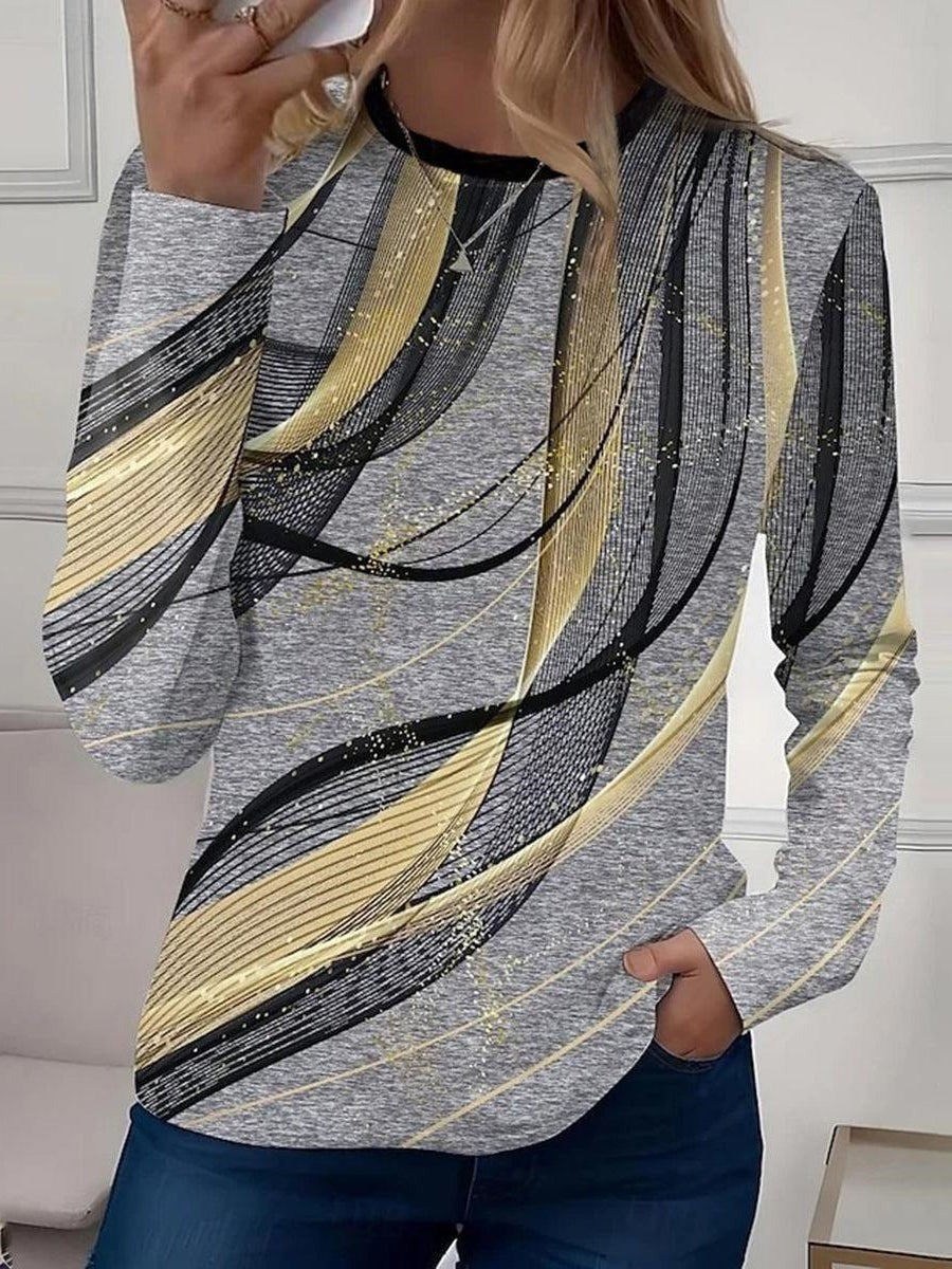 Fashion Geometric Stripe Print Round Neck Long Sleeve Casual Blouse