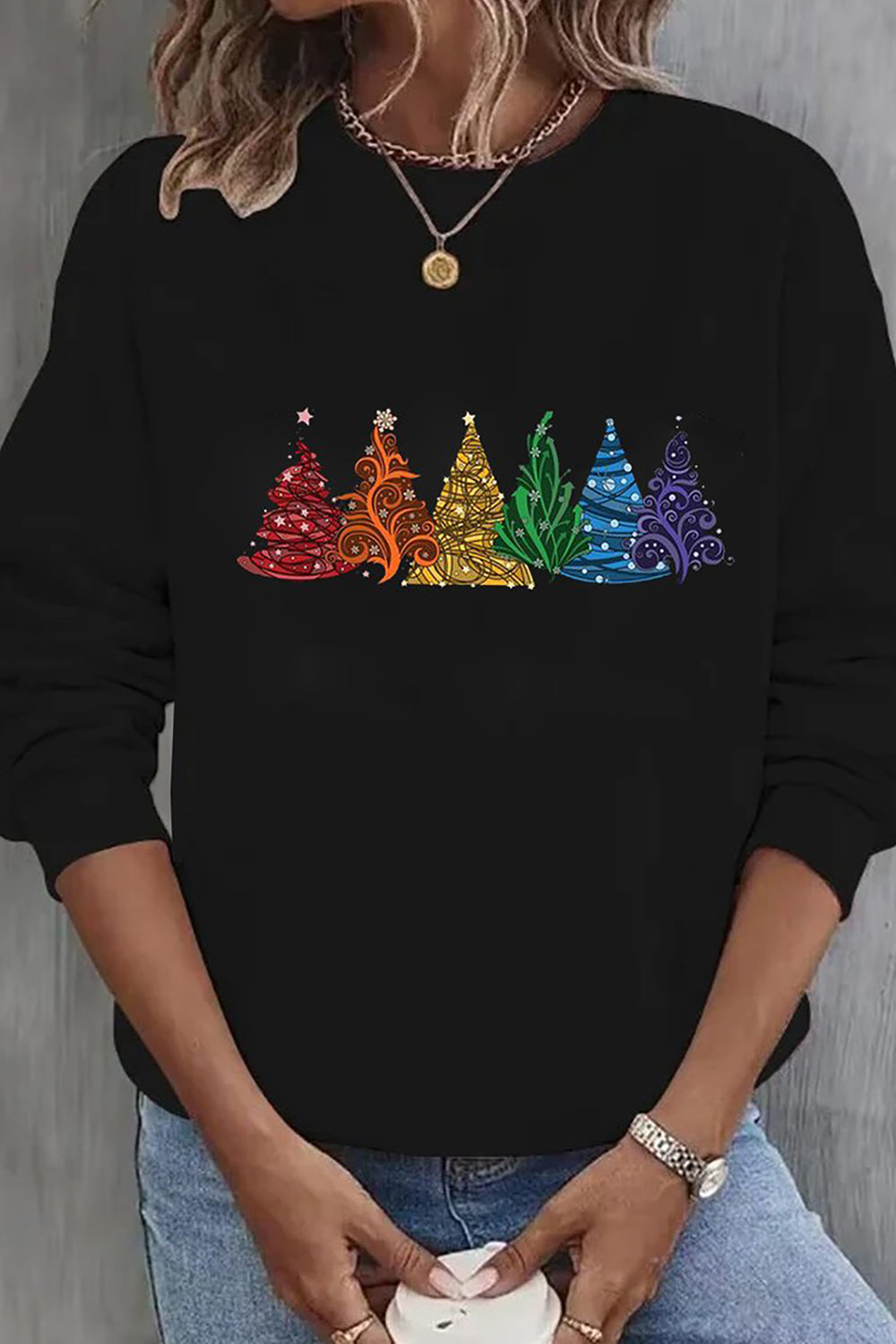 Colorful Christmas Tree Print Crew Neck Long Sleeve Casual Sweatshirt