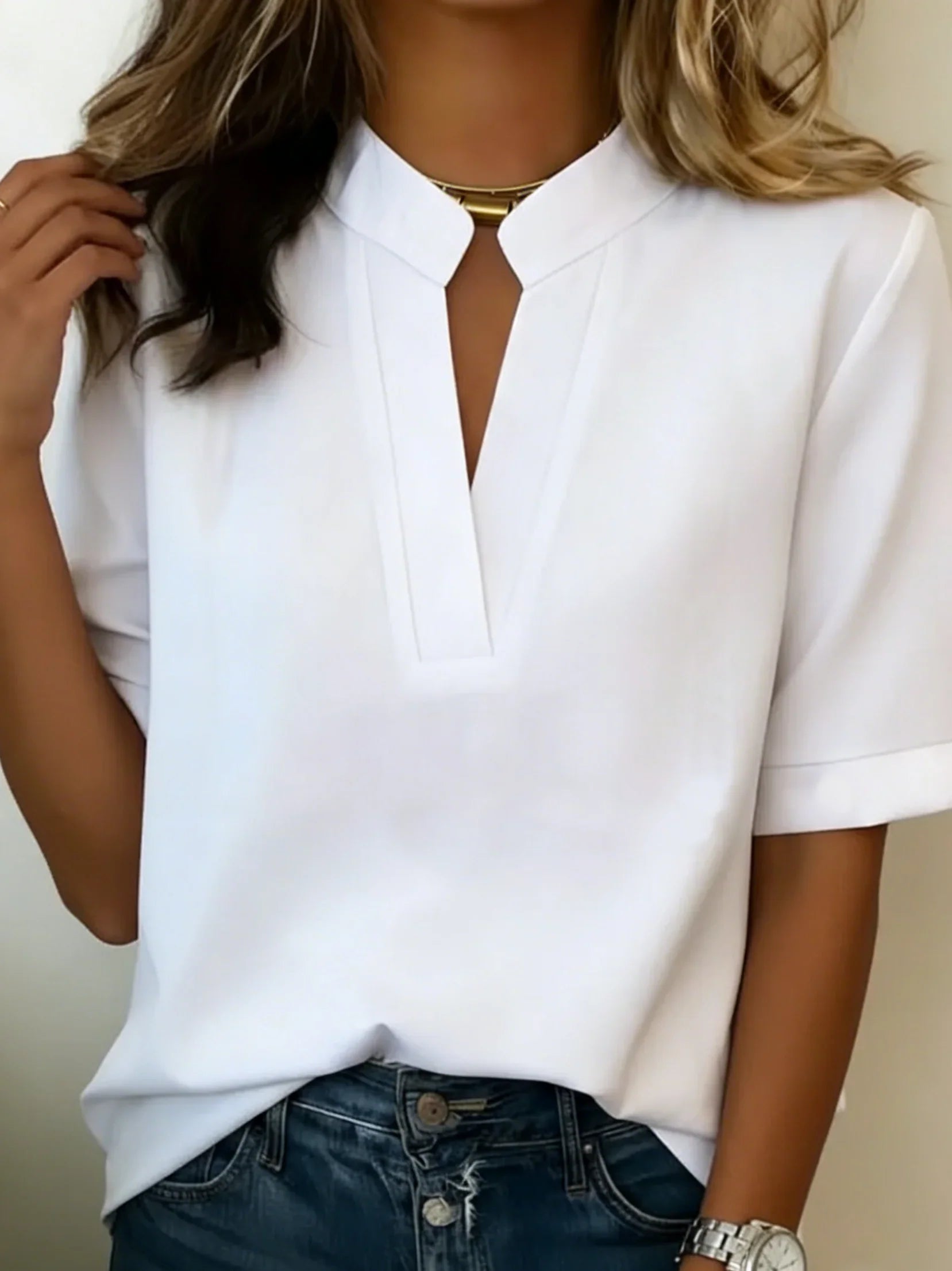 Half Sleeve Stand Collar Cotton And Linen Shirt