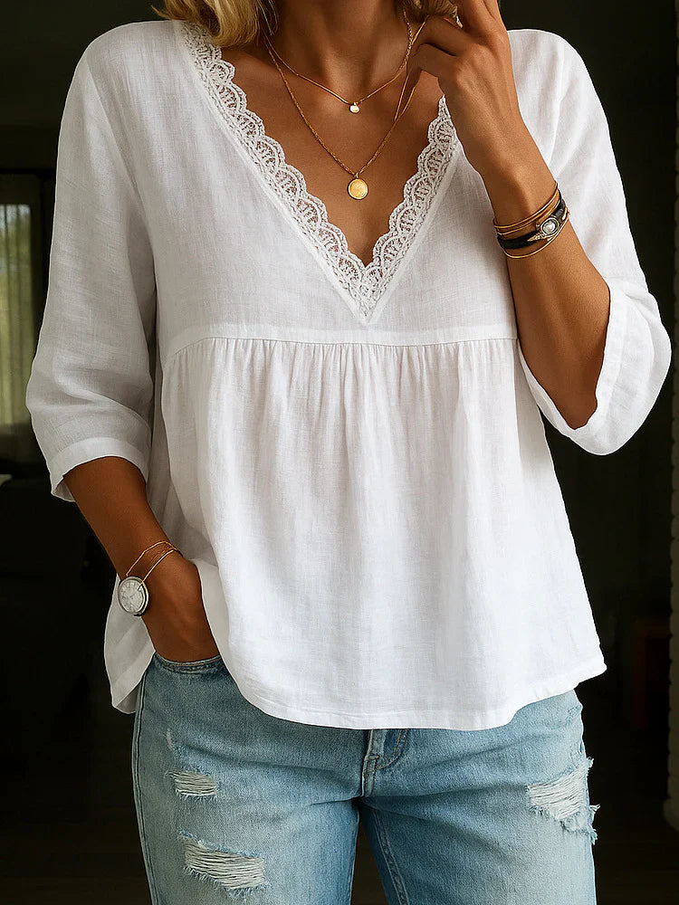 3/4 Sleeve Cotton And Linen V-Neck Lace Blouse Main image