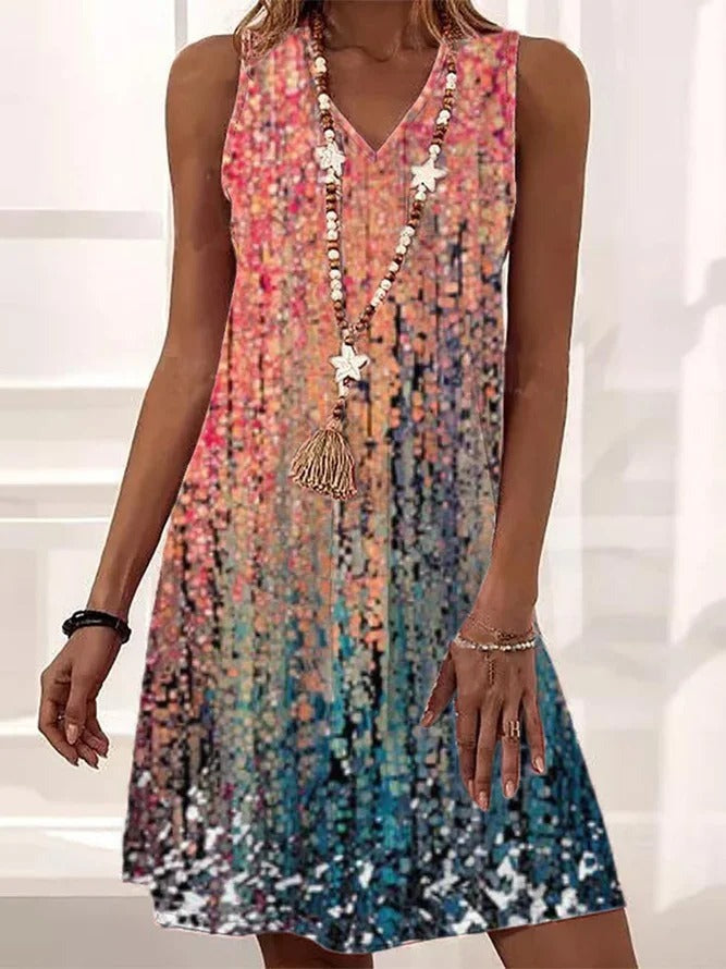 Ombre Shiny Stripe Print Sleeveless A Line Dresses