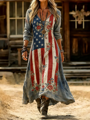Vintage American Flag & Floral Print V-Neck Long Sleeve Maxi Dress