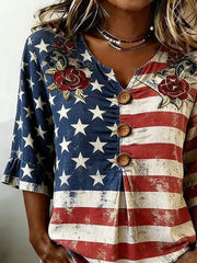 Women V Neck Half Sleeve American Flag Floral Embroidery Casual Blouse