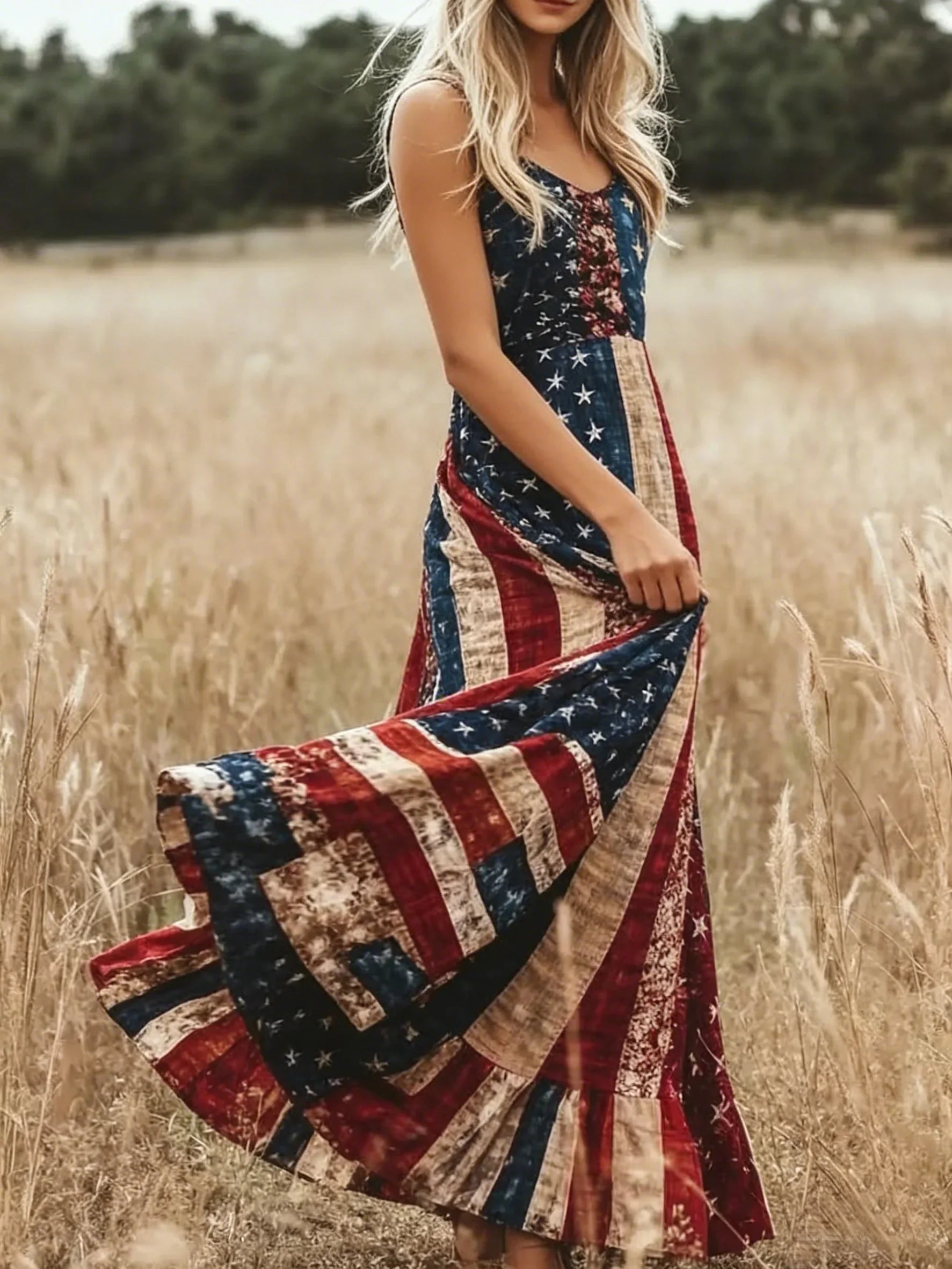 Women Vintage American Flag Print Sleeveless V Neck Fit & Flare Maxi Dress