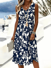 Summer Floral V Neck Sleeveless Loose A-Line Midi Tank Dress For Women