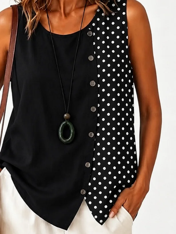 Women Crew Neck Color Block Polka Dot Sleeveless Casual Tank Top