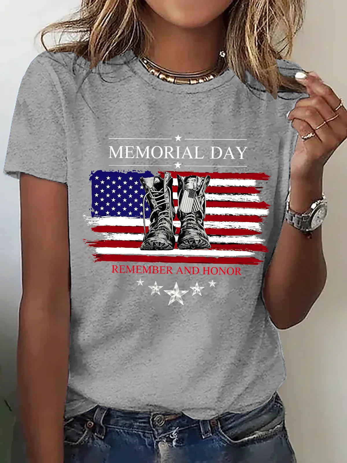 Women Memorial Day Flag Graphic Crew Neck Short Sleeve T-shirt