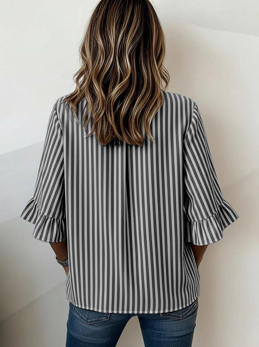 Women V Neck Half Sleeve Striped Ruffle Cuff Casual Blouse