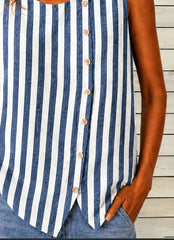 Women Crew Neck Sleeveless Striped Button Front Casual Tank Top