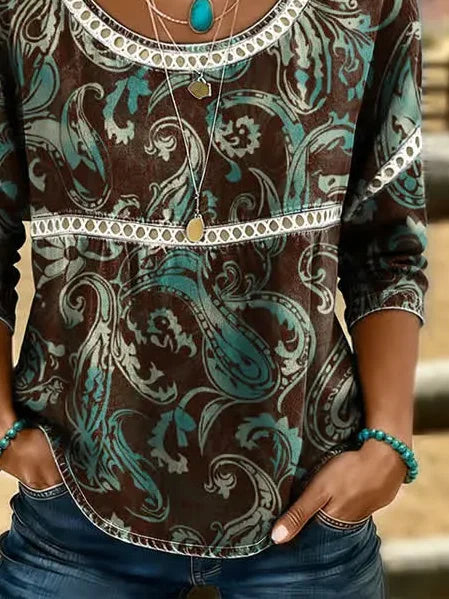 Women Crew Neck Half Sleeve Paisley Print Casual Blouse
