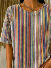 Women Crew Neck Short Sleeve Colorful Striped Casual T-Shirt