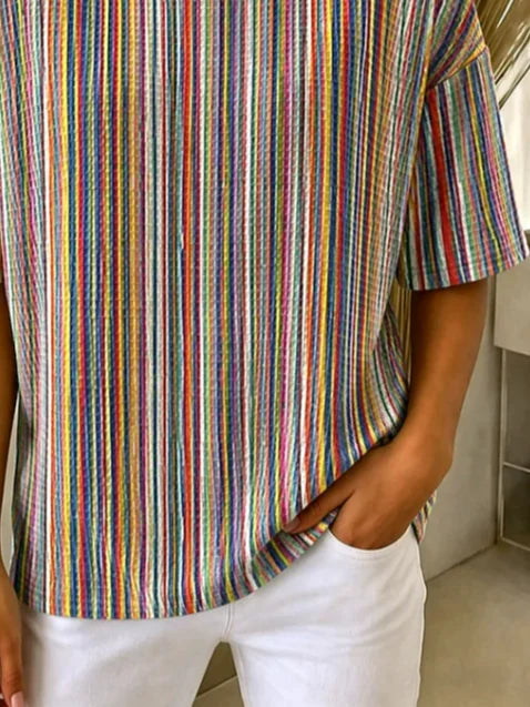Women Crew Neck Short Sleeve Colorful Striped Casual T-Shirt