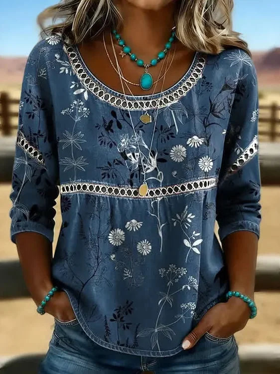 Women Crew Neck Half Sleeve Floral Print Casual Blouse