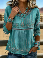 Women Vintage Boho Crew Neck Half Sleeve 3D Printing Hollow Out Loose Micro-Elasticity Blouse