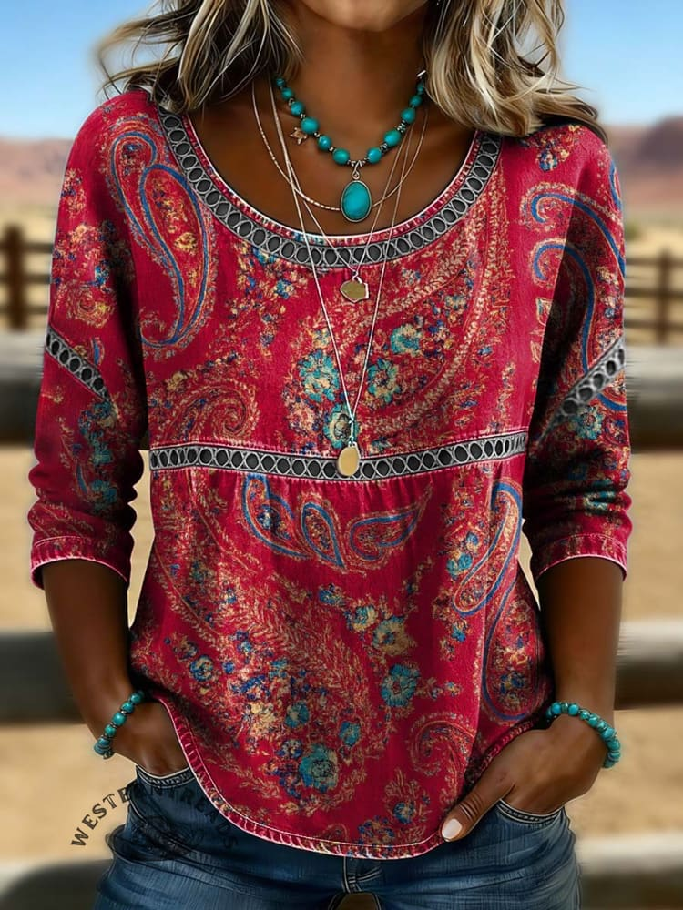 Crew Neck Half Sleeve Paisley Printing Loose Micro-Elasticity Blouse For Women