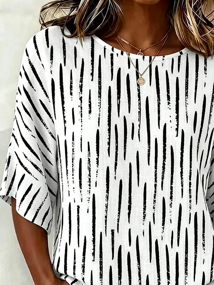 Crew Neck Half Sleeve Abstract Stripes Printing Regular Micro-Elasticity Blouse For Women