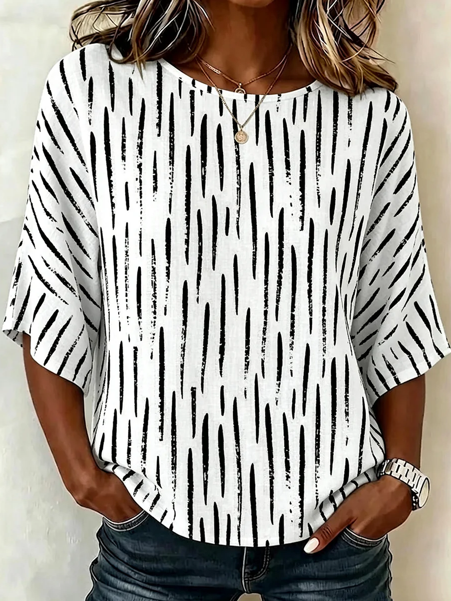 Crew Neck Half Sleeve Abstract Stripes Printing Regular Micro-Elasticity Blouse For Women