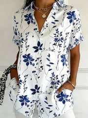 Women Shirt Collar Short Sleeve Floral Print Button Up Shirt