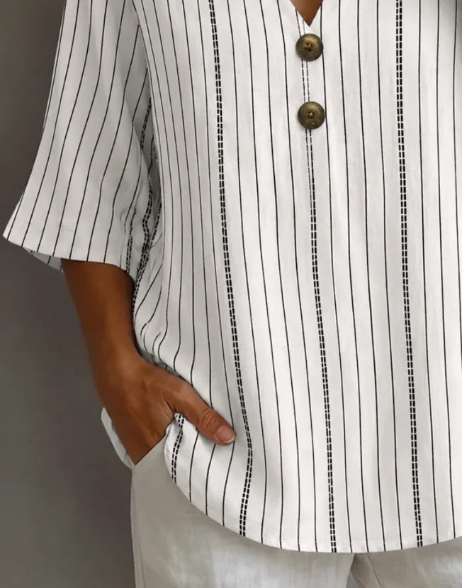 Women V Neck Half Sleeve Abstract Stripes Loose Blouse