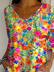 Bright Watercolor Floral V Neck Three Quarter Sleeve Loose Graphic Tee