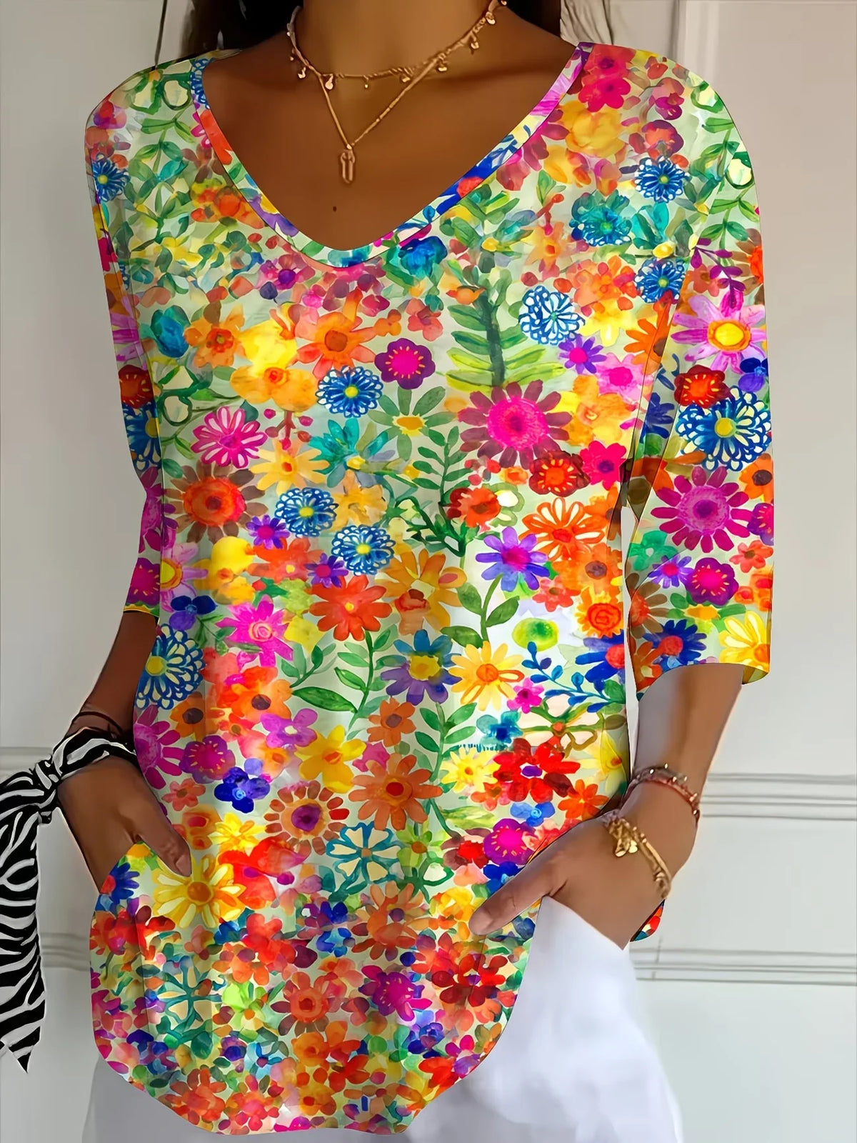 Bright Watercolor Floral V Neck Three Quarter Sleeve Loose Graphic Tee