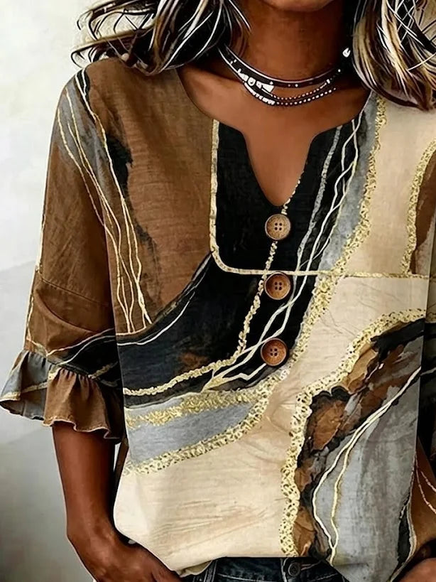 Retro Abstract Color Block V Neck Ruffle Half Sleeve Blouse