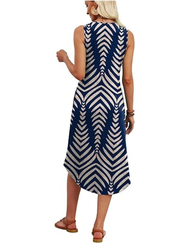 Navy Chevron Geometric V Neck Sleeveless A-Line Midi Tank Dress